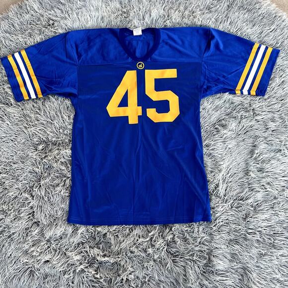 Schwan's Football Jersey #45 Don Alleson Athletic Mens L Blue Gold Stripes Logo - Picture 1 of 10